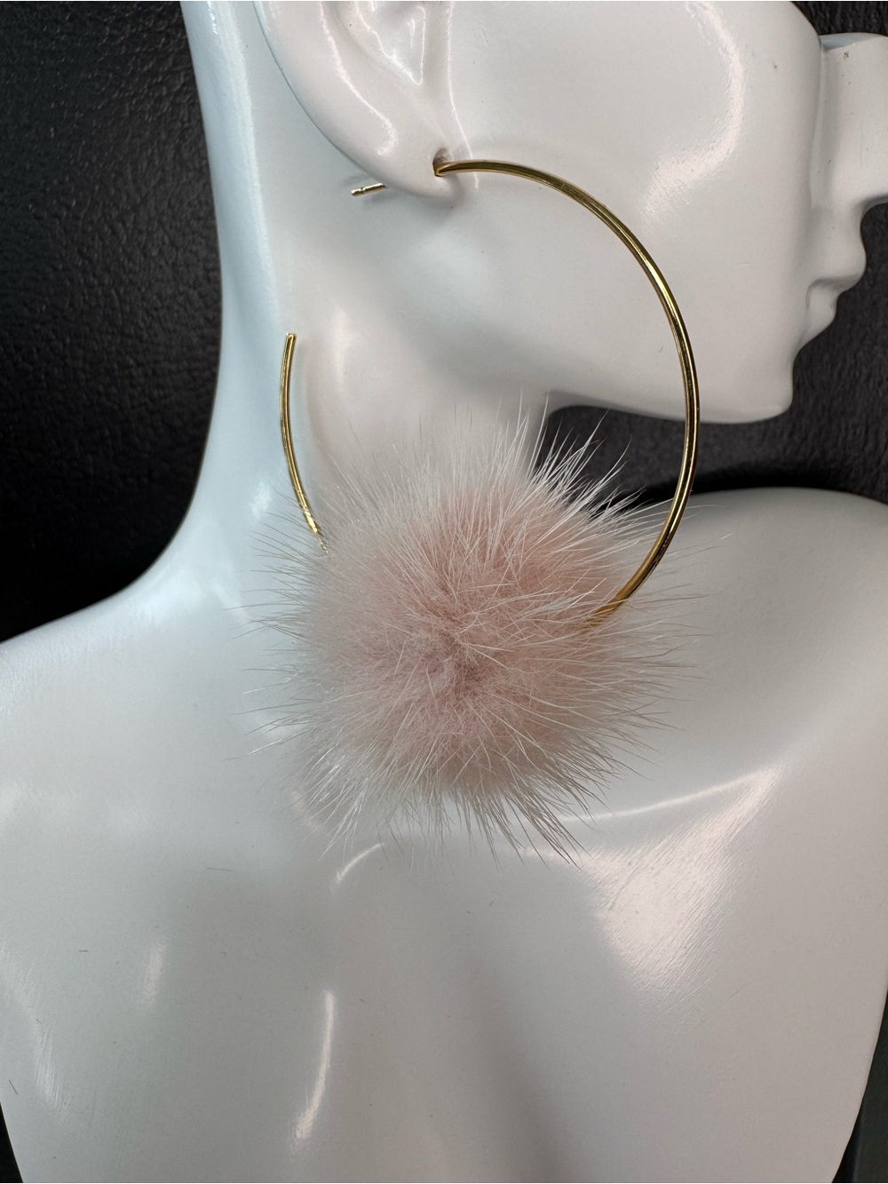 Gold Hoop Earrings with Blush Pink Fur Pom Pendant - SKU J